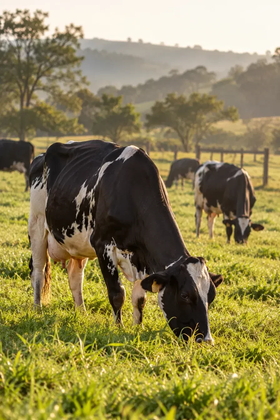 Vacas leiteiras pastando em um pasto verde ao entardecer.